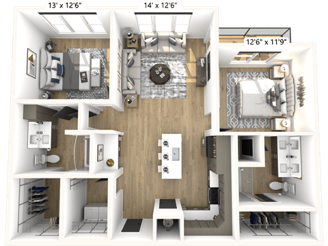 Floor plan for 2 beds, 2 baths, 1154 sqft